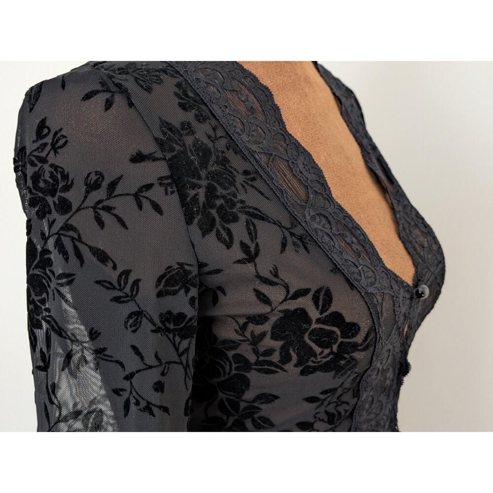 Whimsigoth Black Floral Burnout Velvet Lace Top - Bell Sleeve  M Fits like S/XS - Picture 3 of 11
